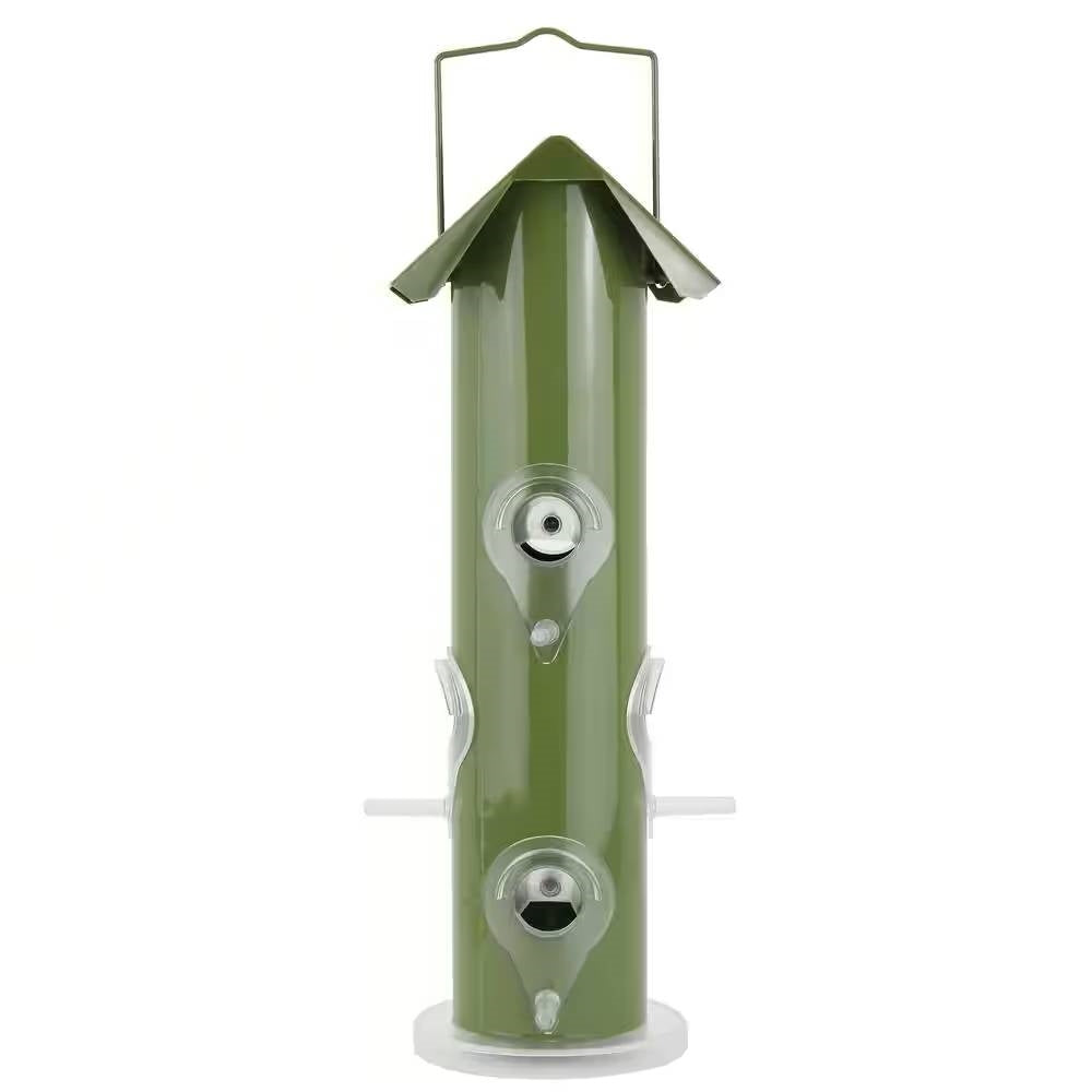 Olive Green Metal Tube Bird Feeder – 6-Port Outdoor Favorite