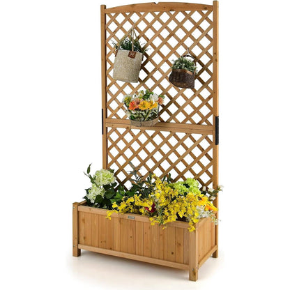 Raised Garden Bed with 71" Trellis – Natural Fir Wood Planter