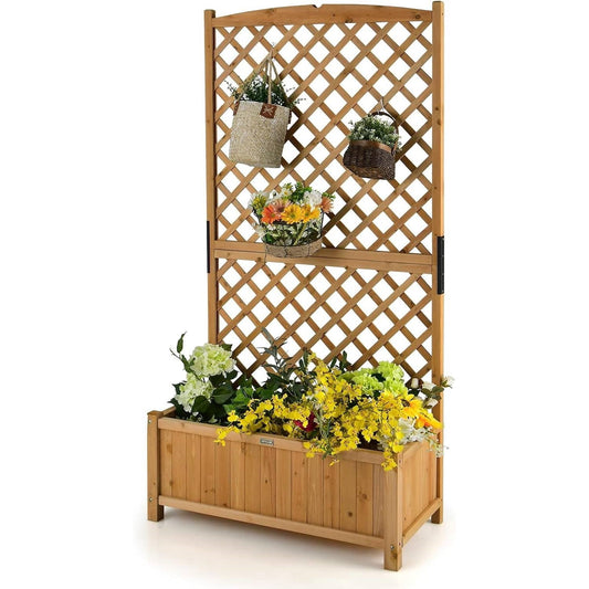 Raised Garden Bed with 71" Trellis – Natural Fir Wood Planter