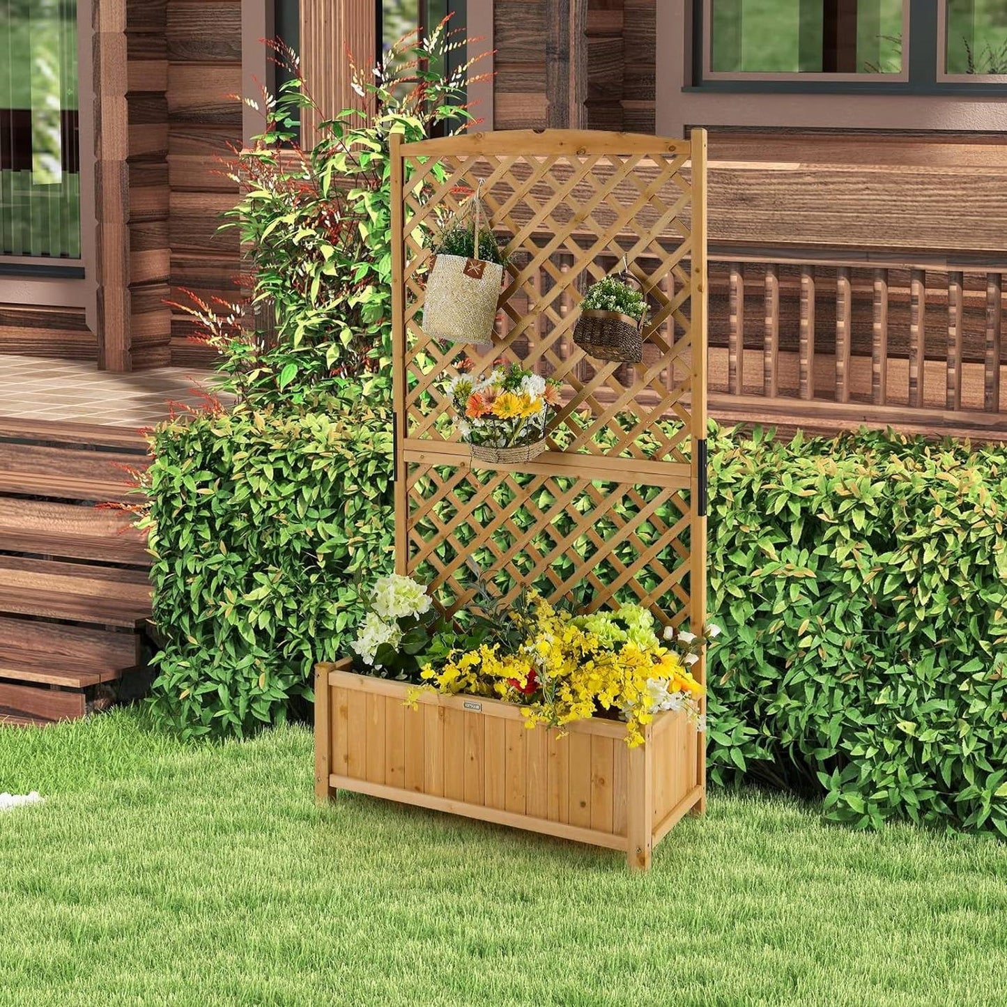 Raised Garden Bed with 71" Trellis – Natural Fir Wood Planter