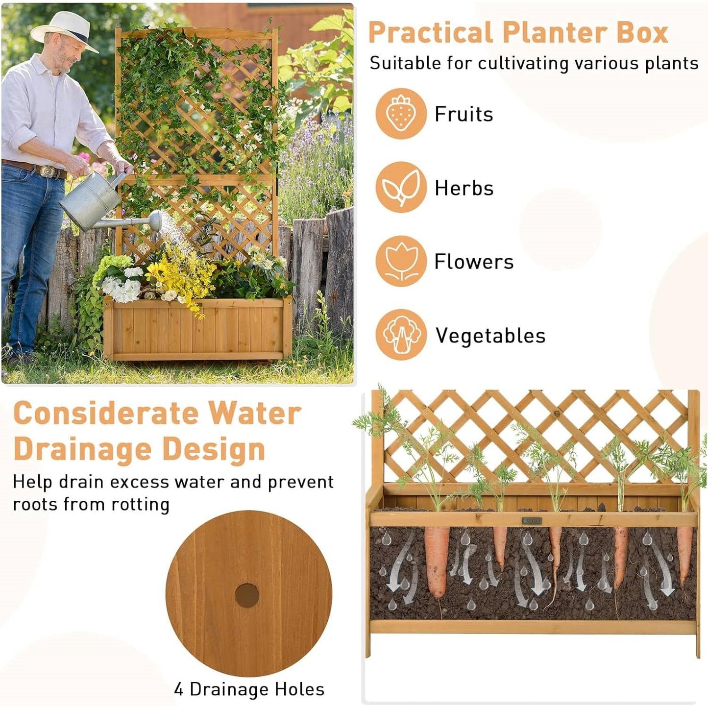 Raised Garden Bed with 71" Trellis – Natural Fir Wood Planter