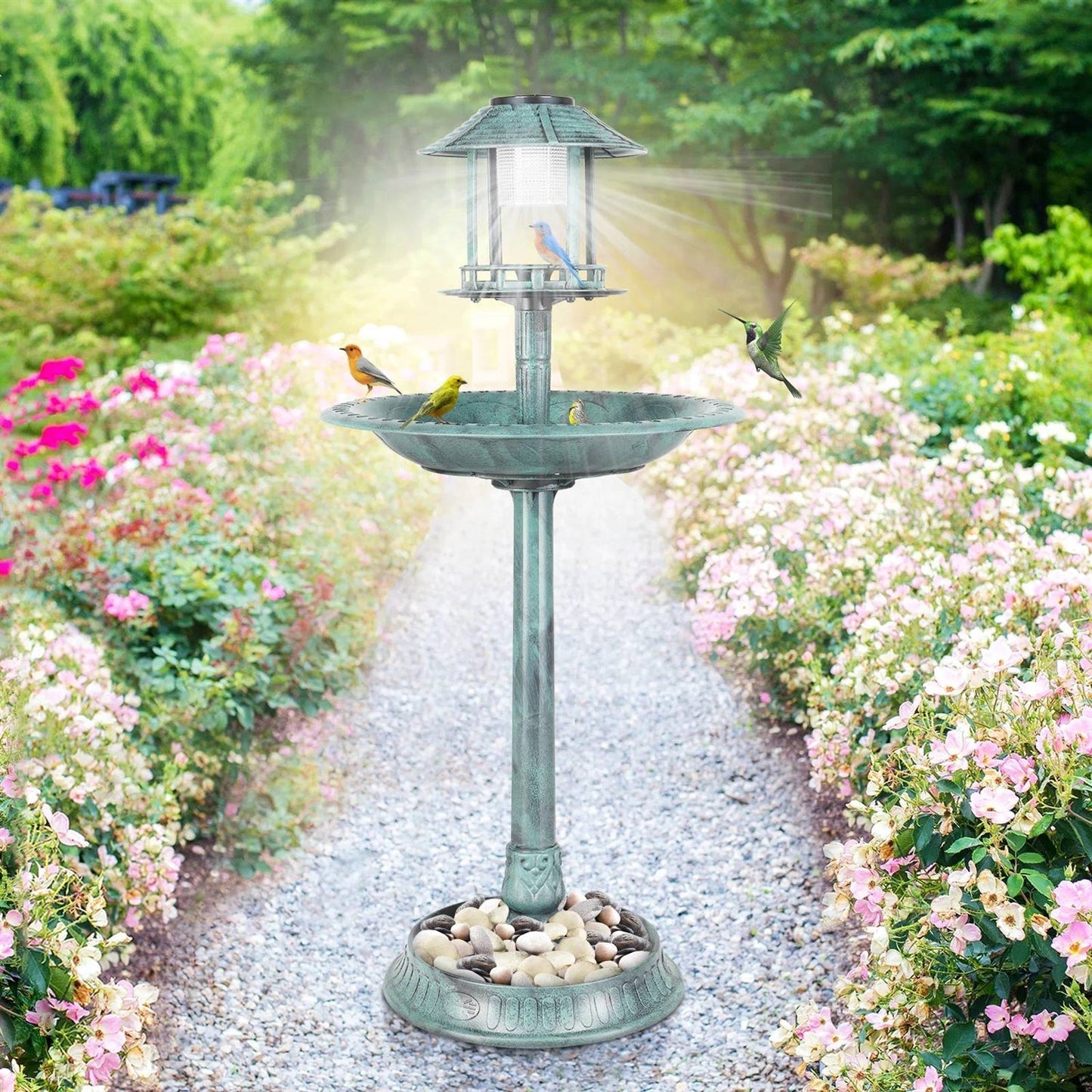 Solar Bird Bath – Green Copper Patina Garden Accent