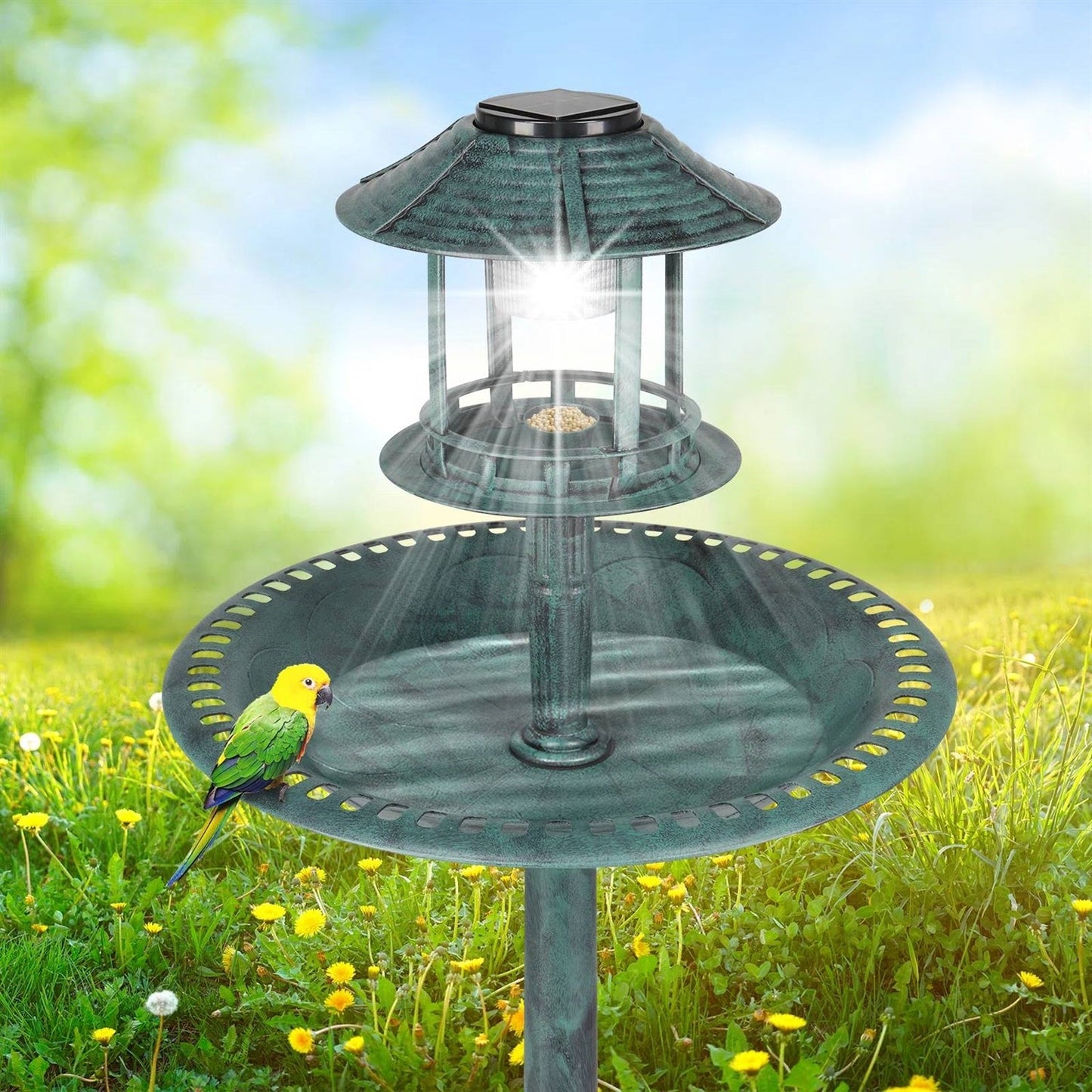 Solar Bird Bath – Green Copper Patina Garden Accent