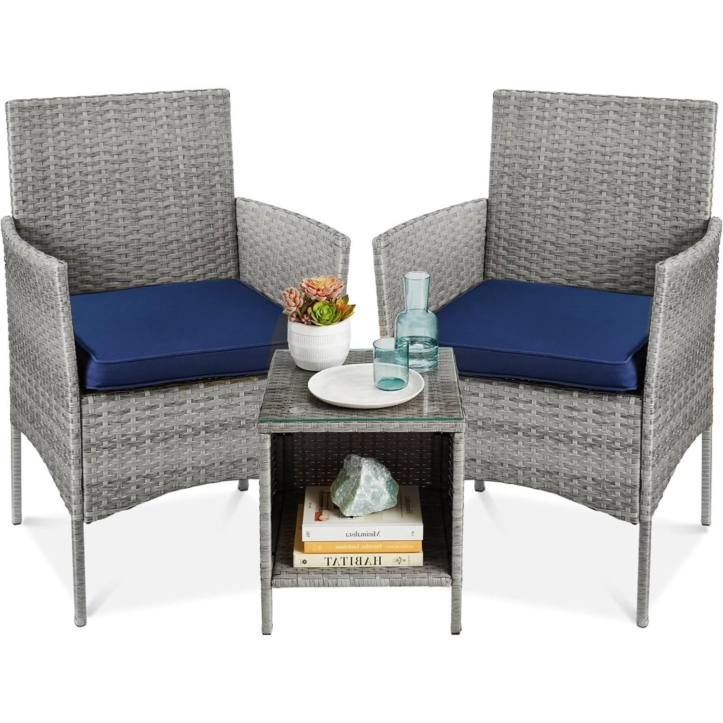 3-Piece Grey Wicker Patio Bistro Set with Navy Cushions