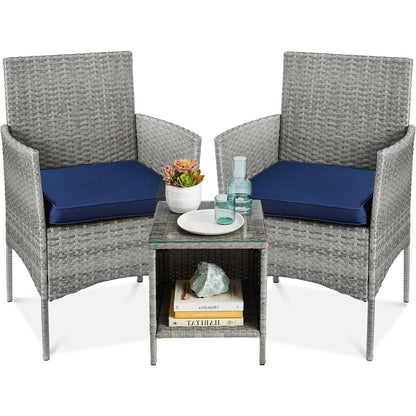 3-Piece Grey Wicker Patio Bistro Set with Navy Cushions