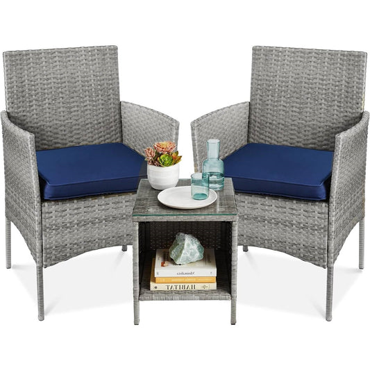 3-Piece Grey Wicker Patio Bistro Set with Navy Cushions