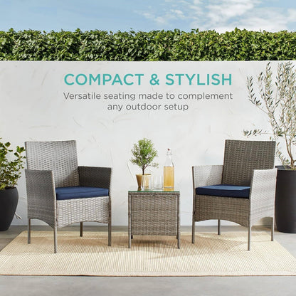 3-Piece Grey Wicker Patio Bistro Set with Navy Cushions