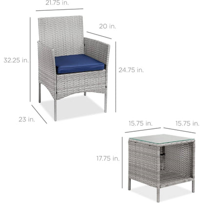 3-Piece Grey Wicker Patio Bistro Set with Navy Cushions