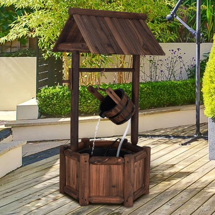 Solid Wood Wishing Well Water Fountain with Pump – Rustic Outdoor Décor