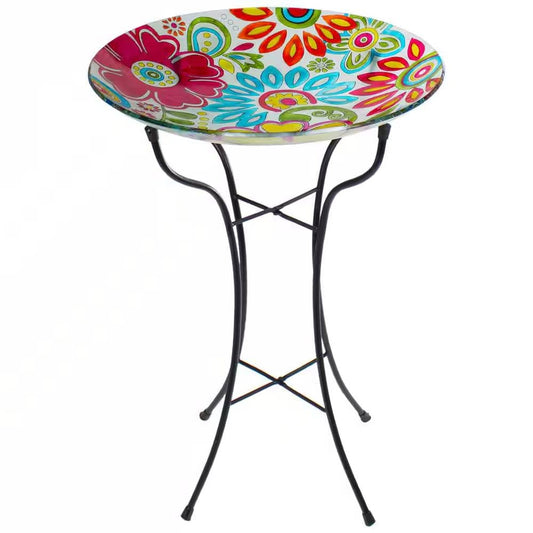 Hand-Painted Glass Bird Bath Feeder – Colorful Garden Accent