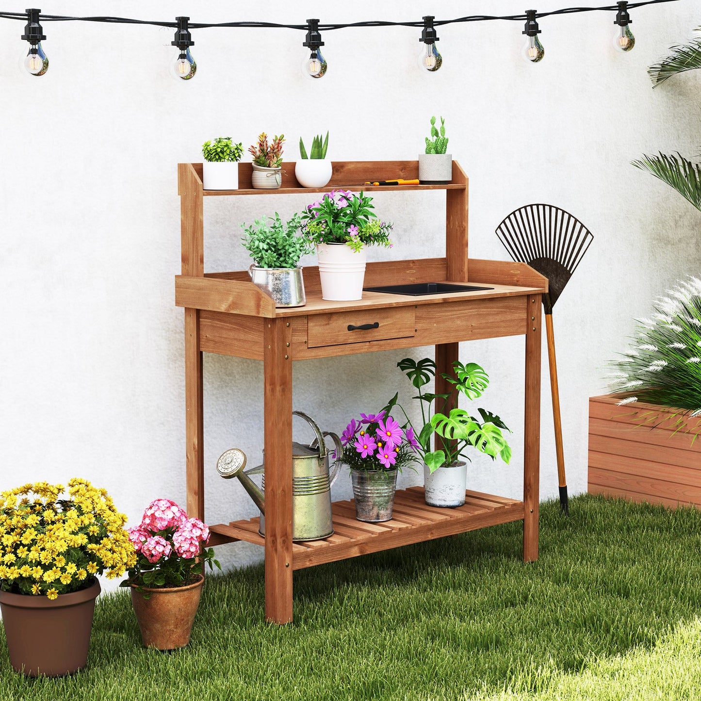 Fir Wood Potting Bench with Removable Sink & Storage