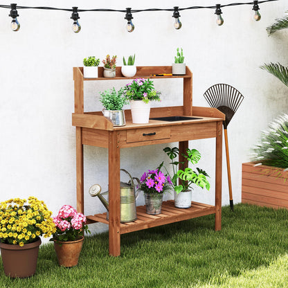 Fir Wood Potting Bench with Removable Sink & Storage
