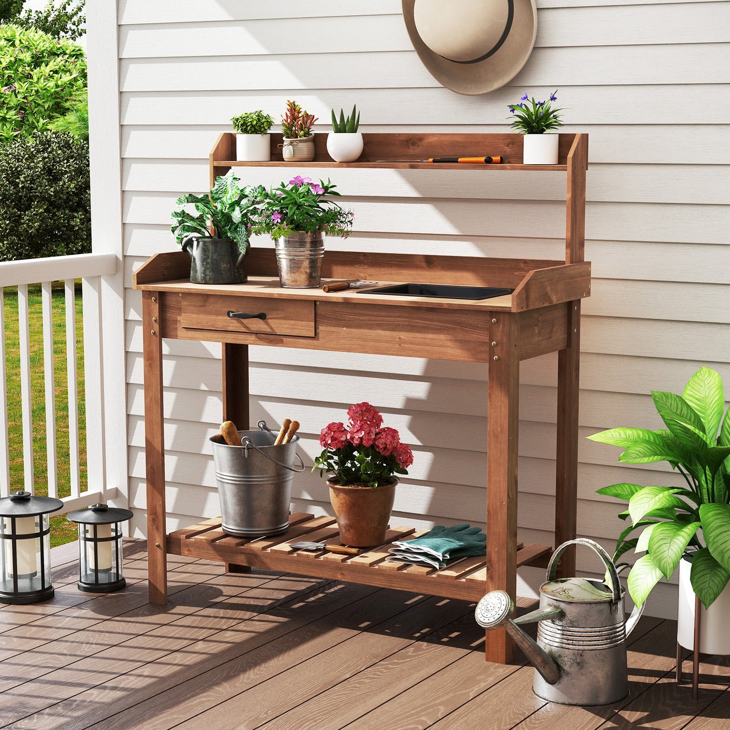 Fir Wood Potting Bench with Removable Sink & Storage