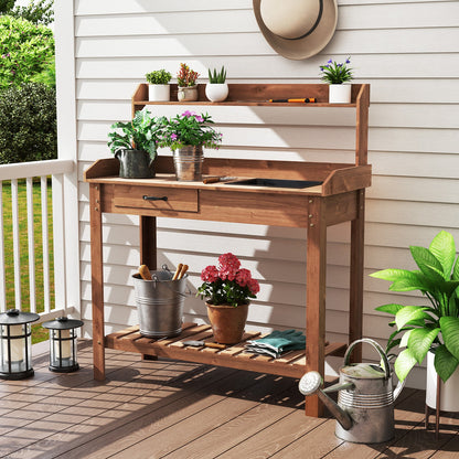 Fir Wood Potting Bench with Removable Sink & Storage