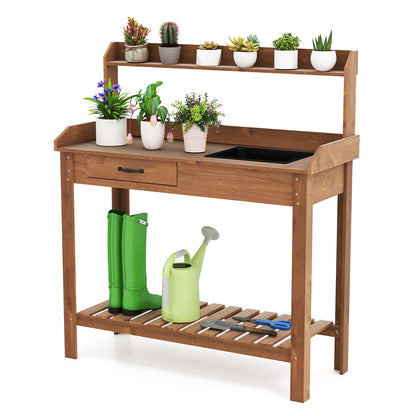 Fir Wood Potting Bench with Removable Sink & Storage