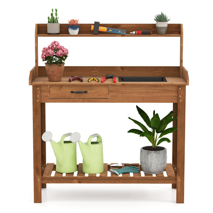 Fir Wood Potting Bench with Removable Sink & Storage
