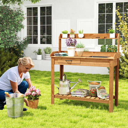 Fir Wood Potting Bench with Removable Sink & Storage