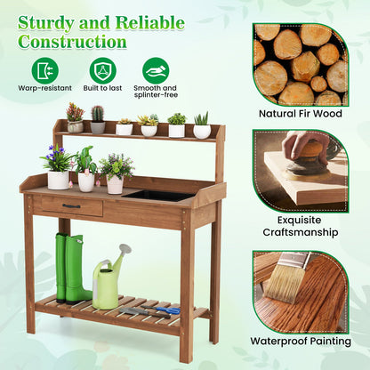 Fir Wood Potting Bench with Removable Sink & Storage