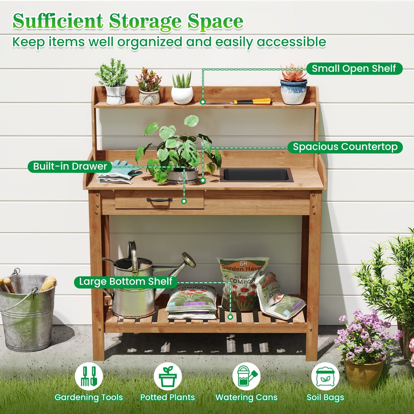 Fir Wood Potting Bench with Removable Sink & Storage