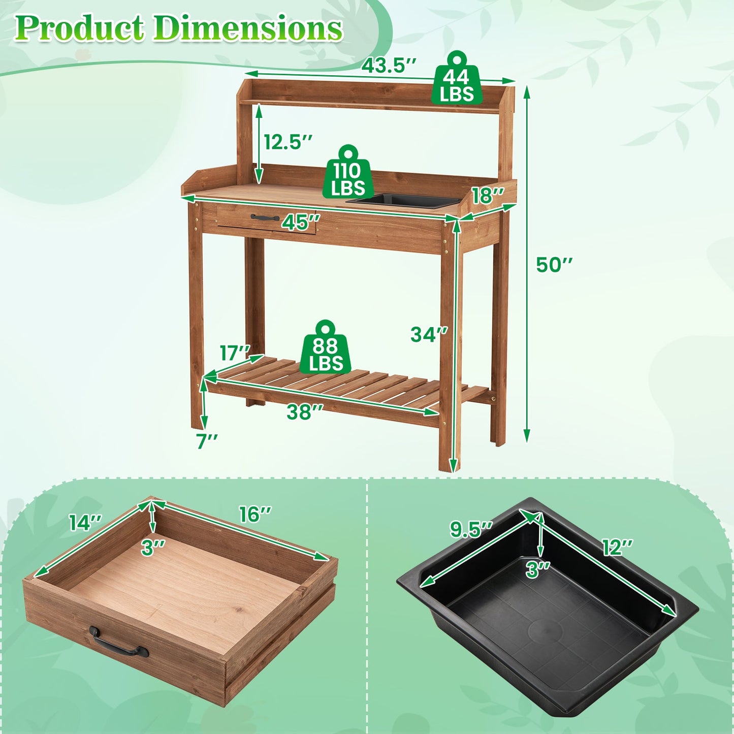 Fir Wood Potting Bench with Removable Sink & Storage