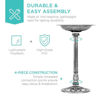 Rustic Polyresin Bird Bath – Aged Silver Garden Elegance