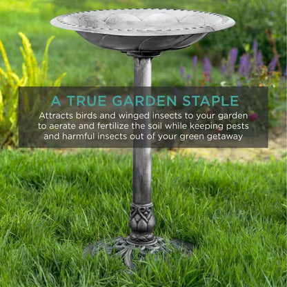 Rustic Polyresin Bird Bath – Aged Silver Garden Elegance
