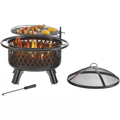 30-Inch Black Steel Outdoor Fire Pit Grill – 2-in-1 Heating & Cooking