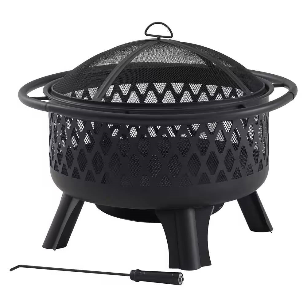 30-Inch Black Steel Outdoor Fire Pit Grill – 2-in-1 Heating & Cooking