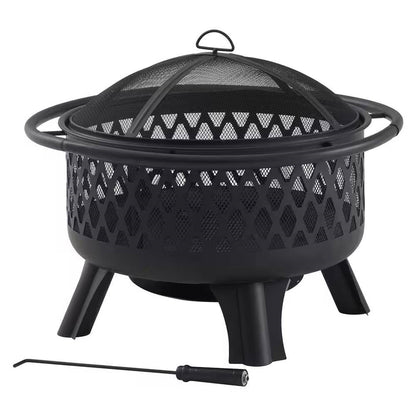 30-Inch Black Steel Outdoor Fire Pit Grill – 2-in-1 Heating & Cooking