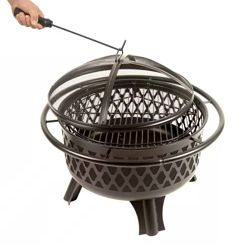 30-Inch Black Steel Outdoor Fire Pit Grill – 2-in-1 Heating & Cooking
