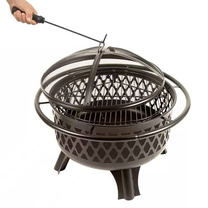 30-Inch Black Steel Outdoor Fire Pit Grill – 2-in-1 Heating & Cooking