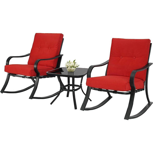 3-Piece Outdoor Patio Rocking Chair Set with Red Cushions – Bistro Seating & Table