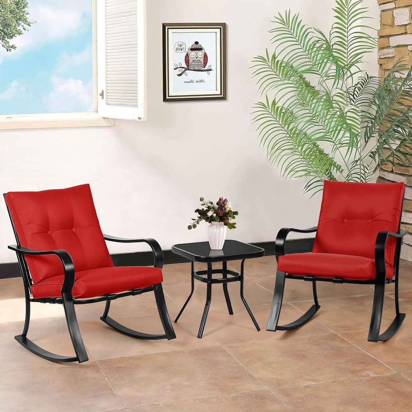 3-Piece Outdoor Patio Rocking Chair Set with Red Cushions – Bistro Seating & Table