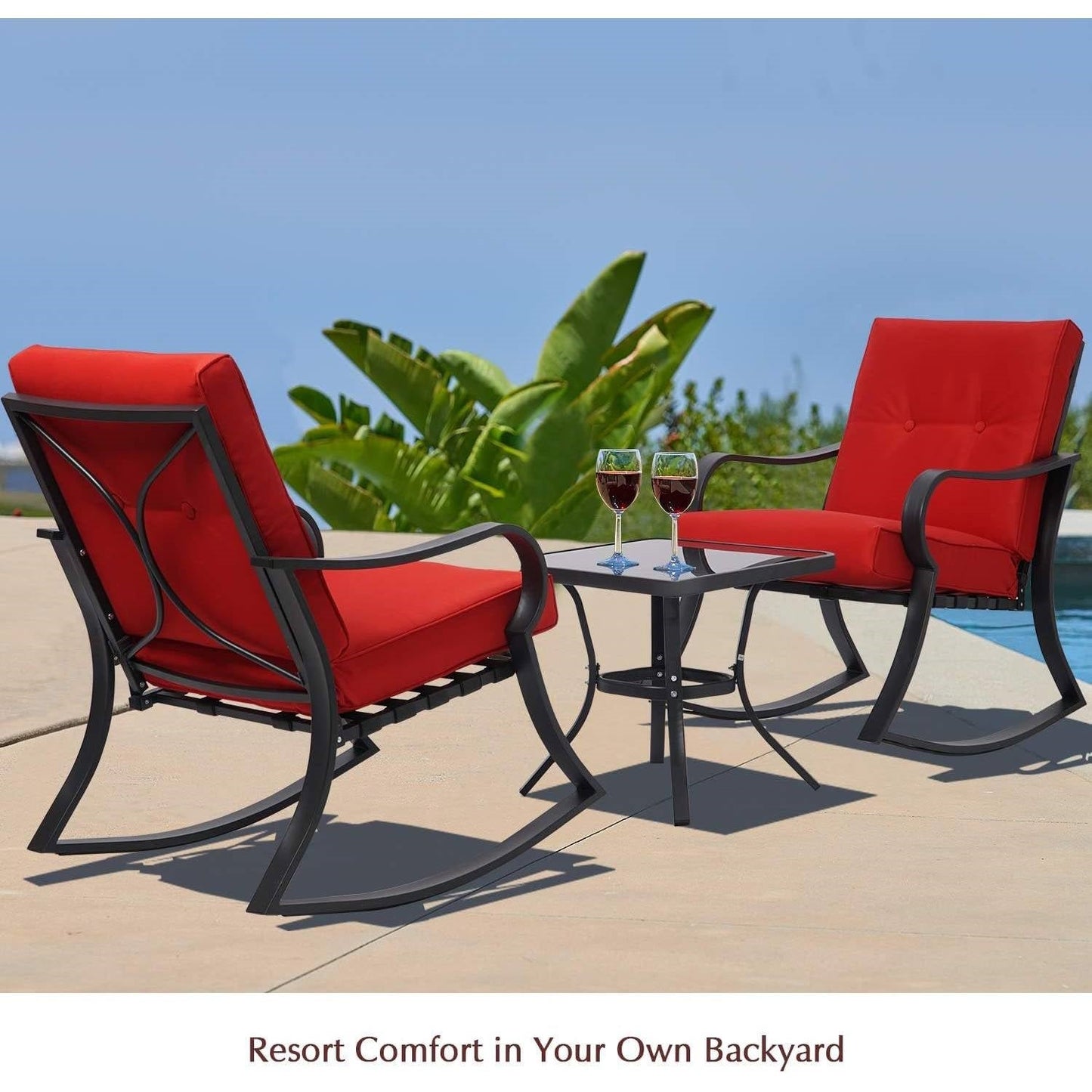 3-Piece Outdoor Patio Rocking Chair Set with Red Cushions – Bistro Seating & Table
