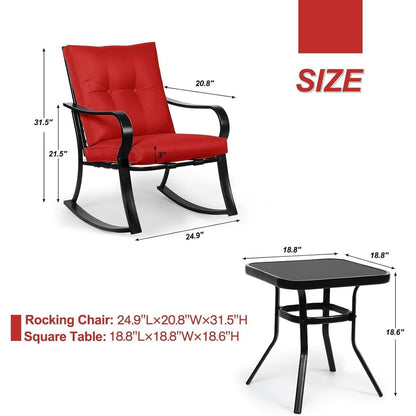3-Piece Outdoor Patio Rocking Chair Set with Red Cushions – Bistro Seating & Table