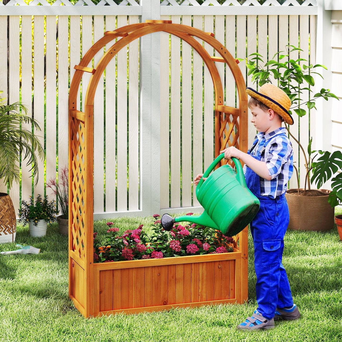 Rustic Fir Wood Garden Planter with Arched Trellis