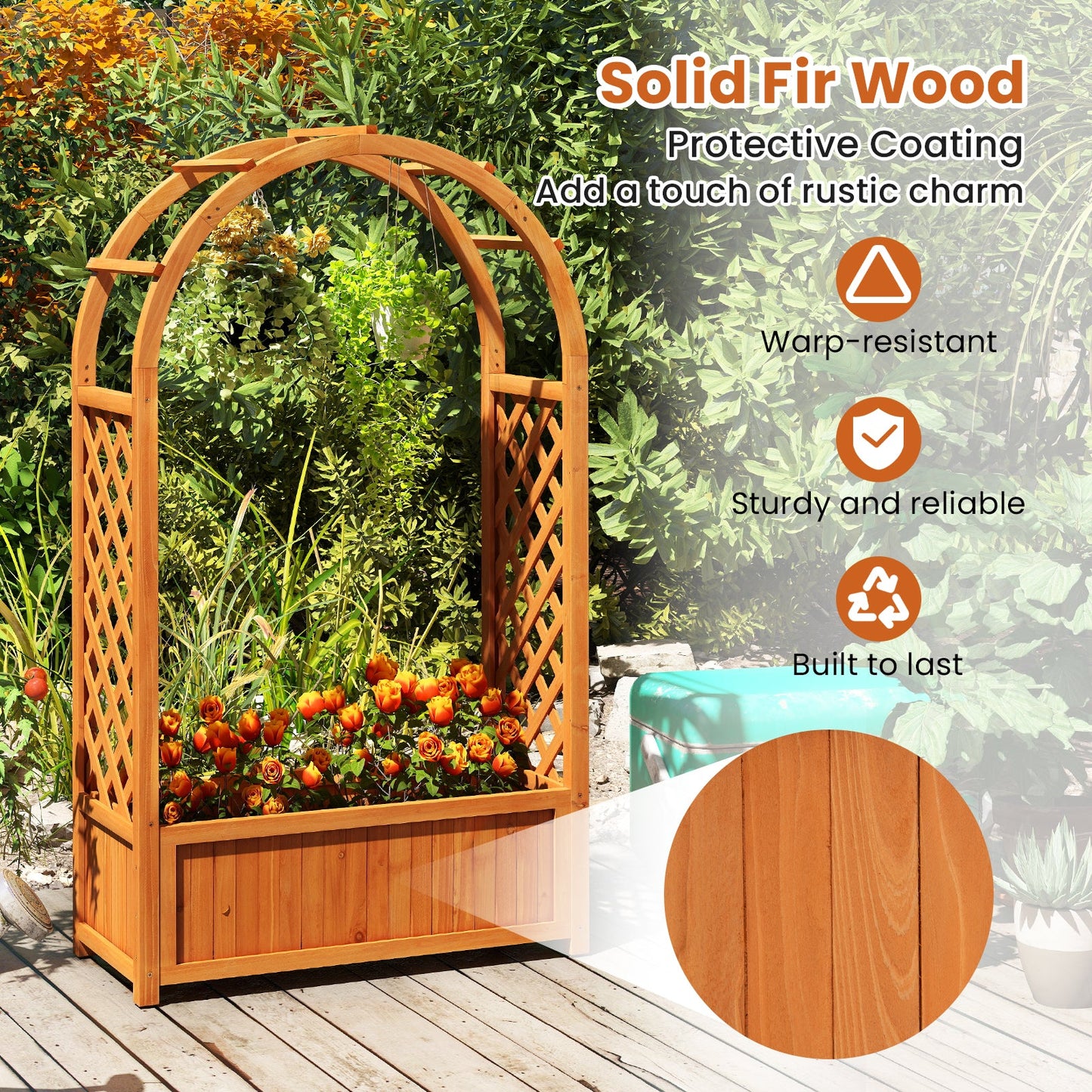 Rustic Fir Wood Garden Planter with Arched Trellis