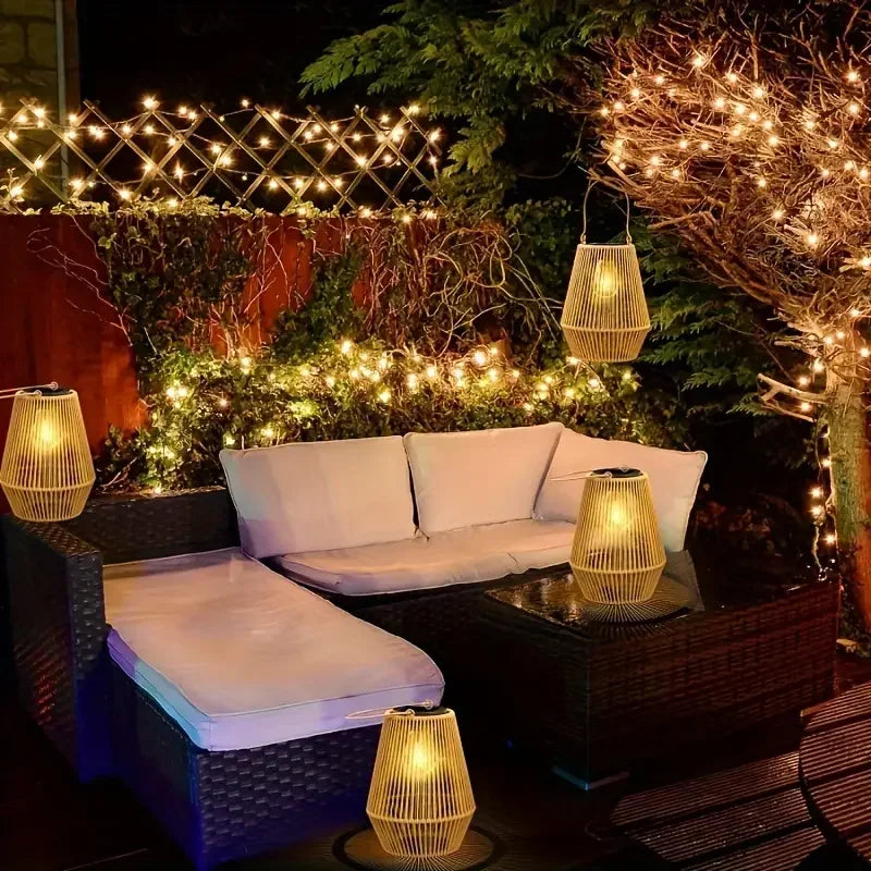 Outdoor Solar Hanging Lights Waterproof Woven Lanterns for Garden & Patio