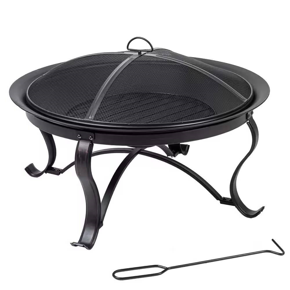 30-Inch Round Bronze Steel Fire Pit with Mesh Cover & Poker – Antique Outdoor Charm