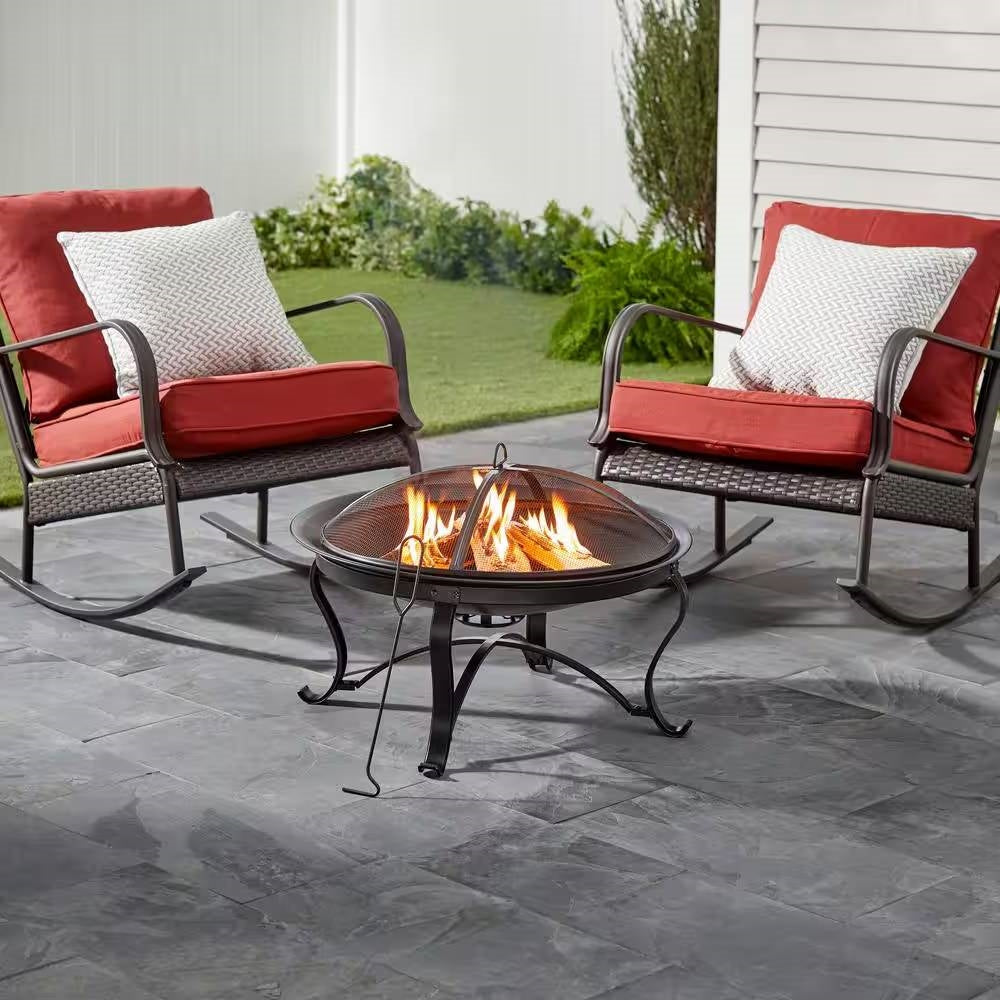 30-Inch Round Bronze Steel Fire Pit with Mesh Cover & Poker – Antique Outdoor Charm