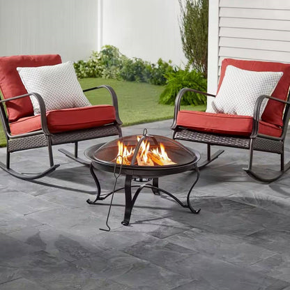 30-Inch Round Bronze Steel Fire Pit with Mesh Cover & Poker – Antique Outdoor Charm