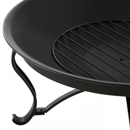 30-Inch Round Bronze Steel Fire Pit with Mesh Cover & Poker – Antique Outdoor Charm