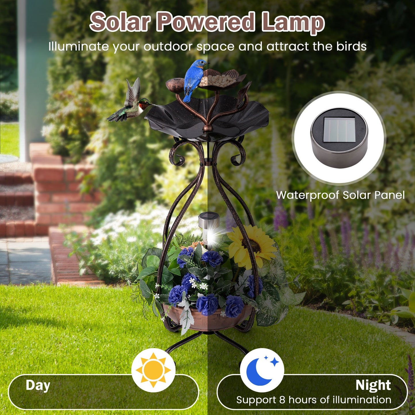 Solar Bird Bath Feeder & Planter | 3-in-1 Solar Garden Decor for Birds