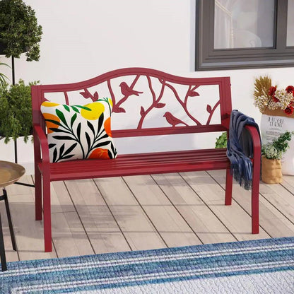 Red Steel Garden Bench with Bird Branch Backrest