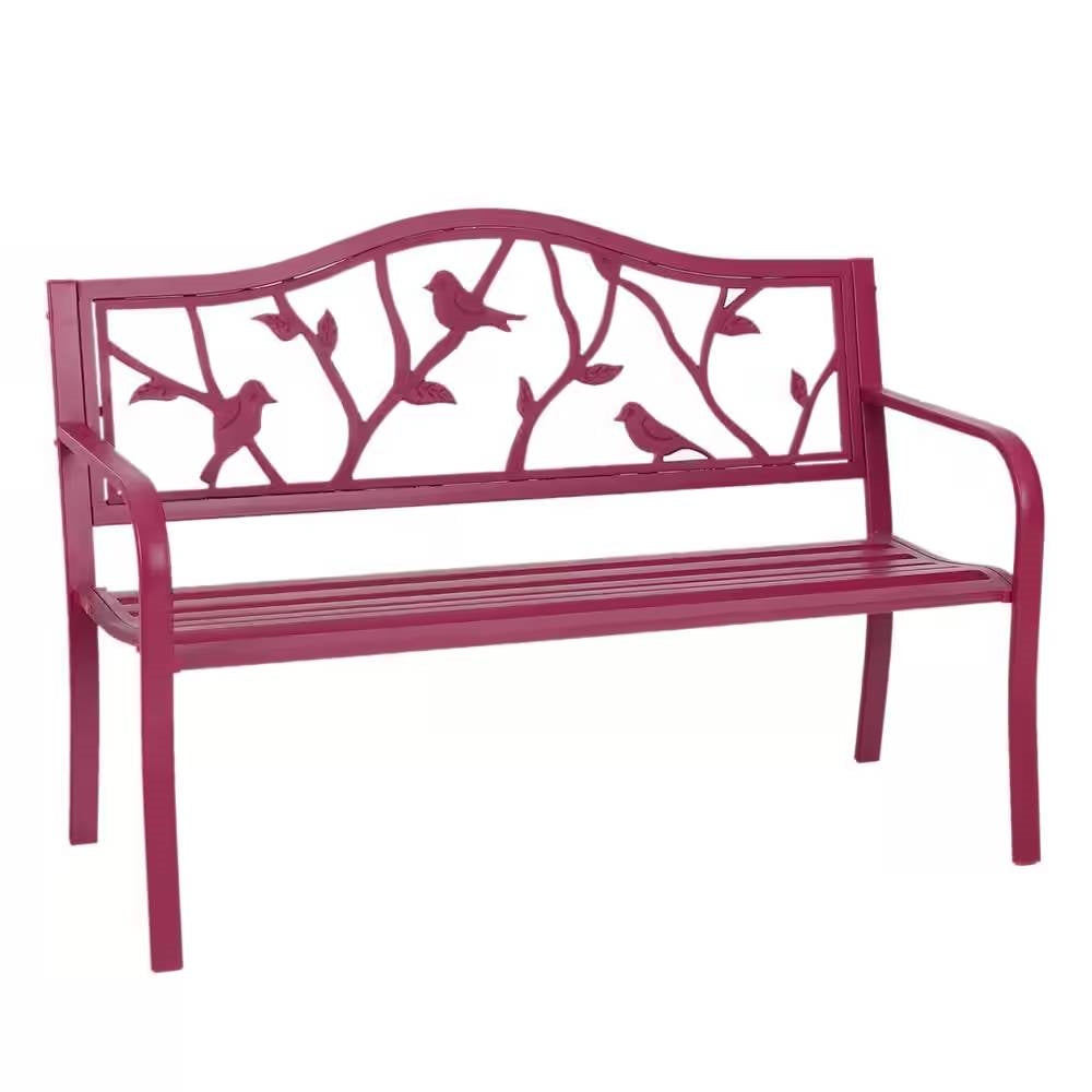 Red Steel Garden Bench with Bird Branch Backrest
