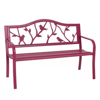 Red Steel Garden Bench with Bird Branch Backrest