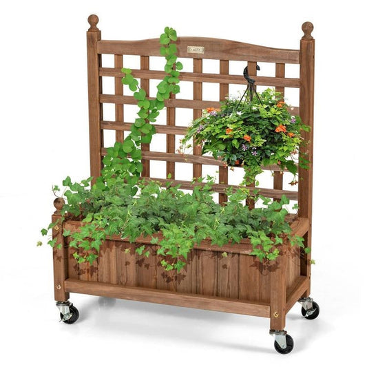 Raised Garden Bed Planter Cart with Trellis & Wheels (Solid Fir Wood)