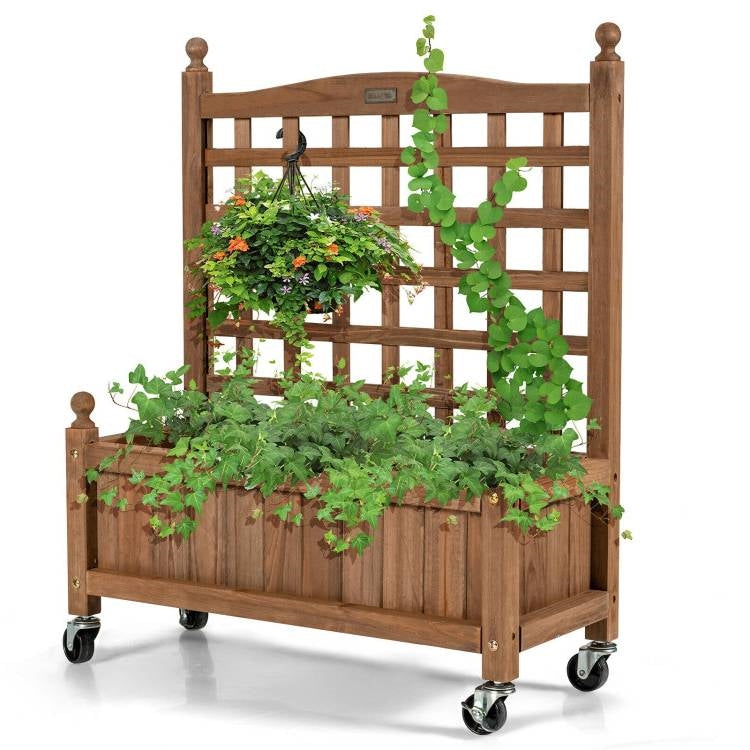 Raised Garden Bed Planter Cart with Trellis & Wheels (Solid Fir Wood)