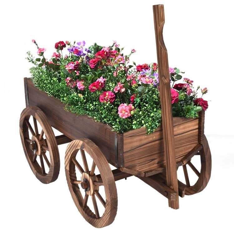 Rustic Fir Wood Barrel Planter Wagon with Wooden Wheels