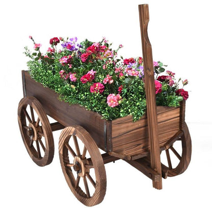 Rustic Fir Wood Barrel Planter Wagon with Wooden Wheels